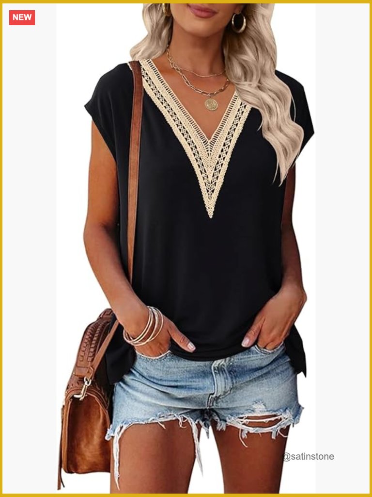 Boho Cap Sleeve Lace Trim V Neck Casual Loose Beach Vacation Tee Blouse
